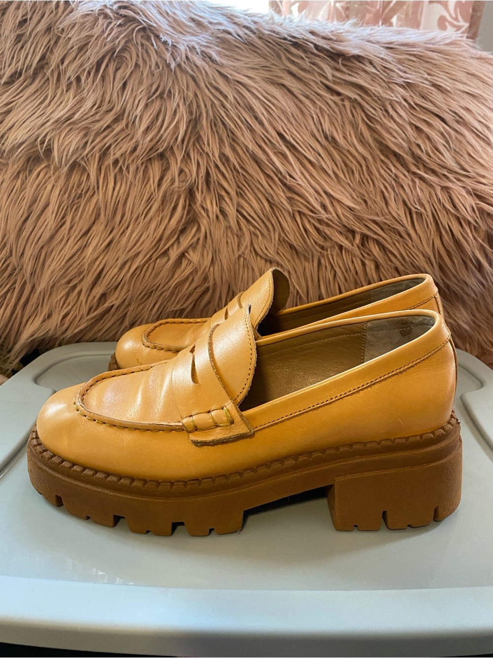 Free People Lyra Saffron Tan Leather Platform Lug Sole Penny Loafers Size 36.5